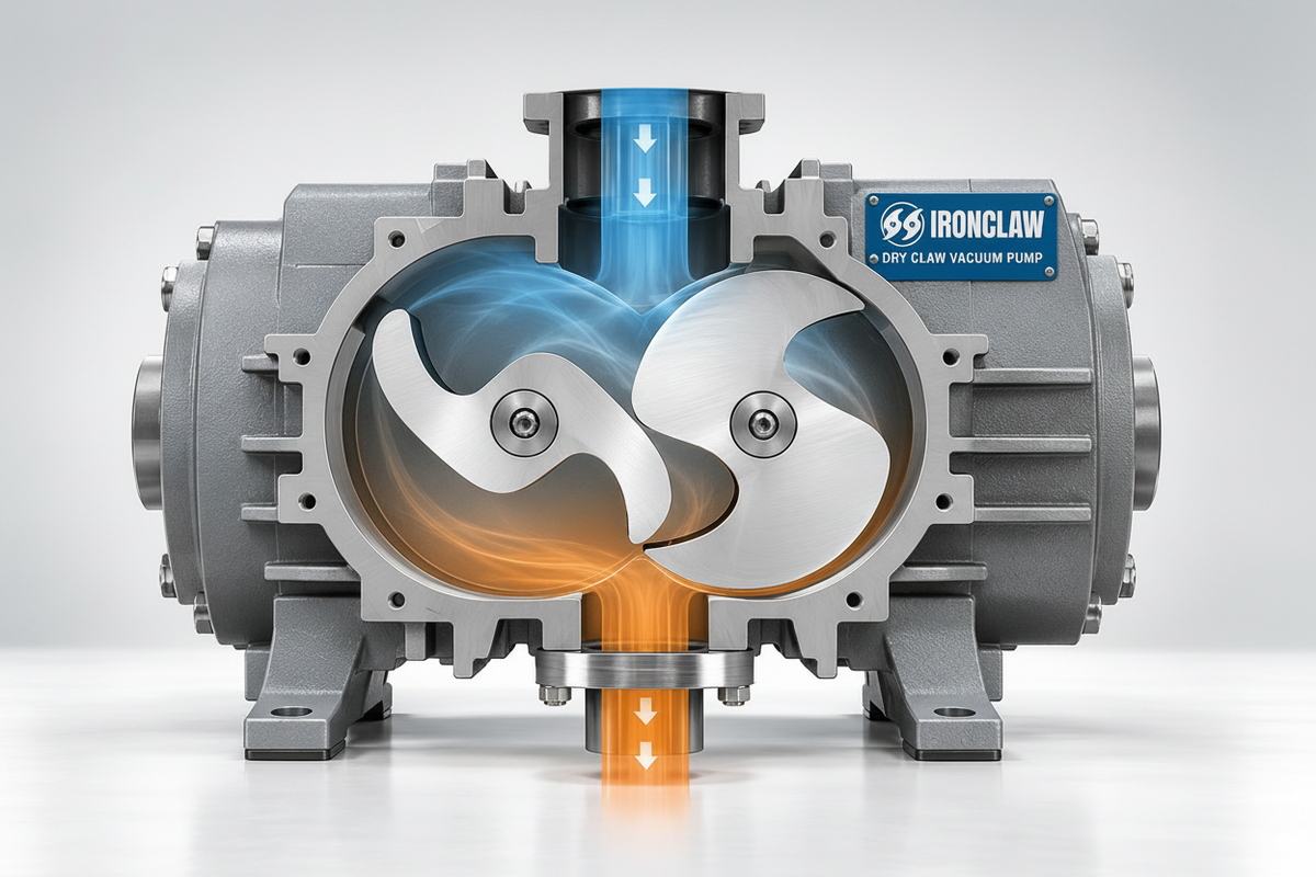An industrial cross-section view of an IronClaw dry claw vacuum pump, showing internal gears, airflow with blue arrows, and heat with orange glow, on a light gray background.