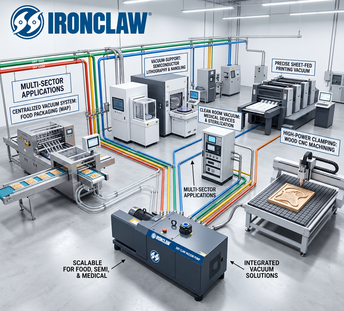 A promotional render of an Ironclaw integrated vacuum solutions facility showing multiple industrial machines connected by colorful vacuum lines in a clean, modern factory floor. The Ironclaw logo is visible in the top left, and several product application callouts are overlaid with text.