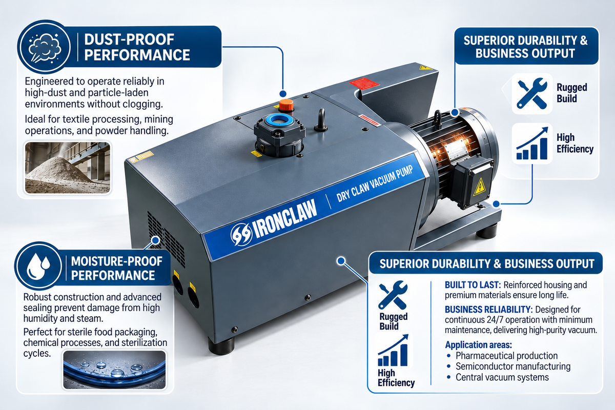 Ironclaw Dry Claw Vacuum Pump shown in a clean product render with marketing callouts around it on a white background. The pump is blue and silver with copper-colored internal components.